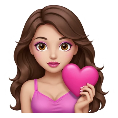 girl with long wavy brown hair, brown eyes, long lashes makeup, sexy pink lips, light to medium complexion, wearing a pink sexy top, holding a big heart sticker