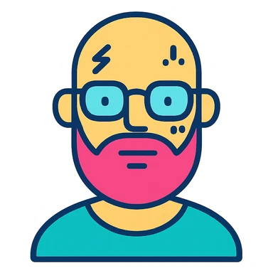 bald man with pink beard, glasses, and face tattoos, modern illustration sticker