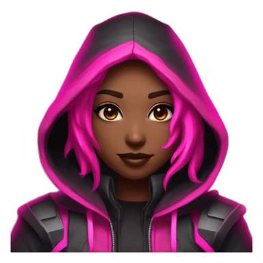 Girl white developer behind his laptop with this style : Riot Games Valorant black pink glowing bright pink sparks character pink black hooded assassin themed character sticker
