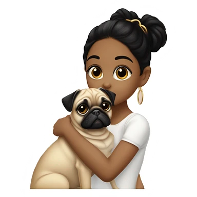 A young girl with long lashes  morena with black hair and small gold hoops  kissing her small pug  sticker