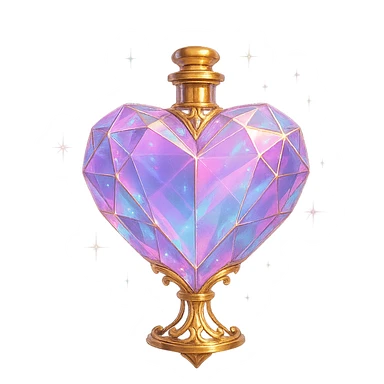 luxurious crystal elixir bottle in heart shape, pastel gradient colors, lots of glowing shine, facets, ornaments, golden details, magical effects, very small golden neck, transparent background, beautiful connected base, clearly floating in air, no base or shadow, premium class impression, design matching a collection of crystal, luxurious, magical bottles sticker