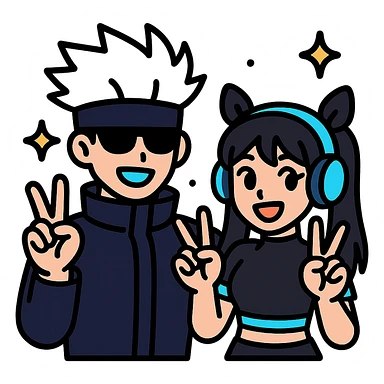 Gojo Satoru and his female protégé, both making peace signs, playful and energetic, Gojo with black shades and icy-blue eyes, protégé with long black hair, twin bows, cropped black top with cyan accents, blue headphones, sparkly background sticker