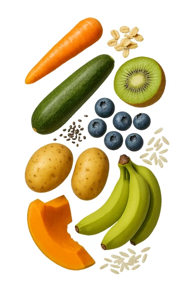 carota, fiocchi di avena, zucchine, kiwi, mirtilli, semi di chia, patate, banane acerbe, zucca, riso fluttuano in aria verticalmente, iperrealistici 4k sticker