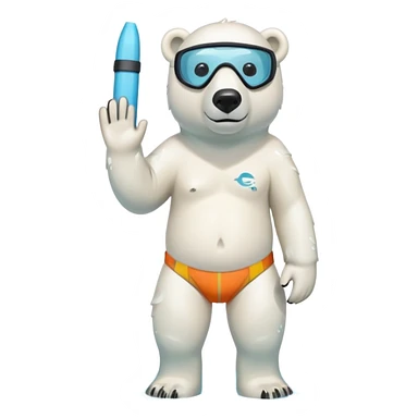 friendly anthropomorphised polar bear standing in a small puddle, wearing colorful board shorts, scuba mask over eyes, snorkel tube attached sticker