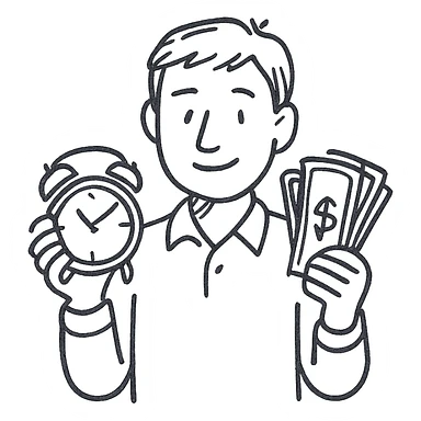 A man with short brown hair holding an alarm clock and money sticker