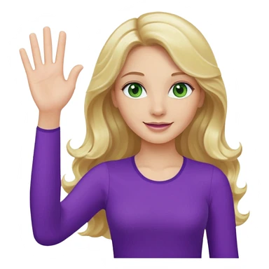 lady with long wavy blonde hair, purple top, green eyes, waving hello sticker