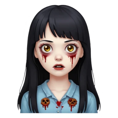 faça o emoji de uma menina zumbi de cabelos longos pretos com franja sticker