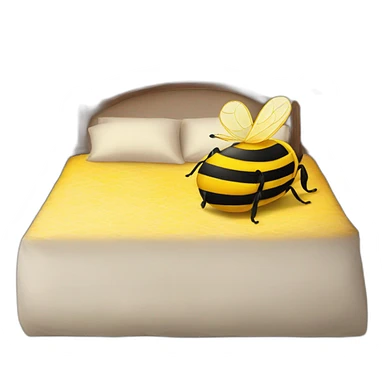 A bed with a giant bee on with a smiley face pillow sticker