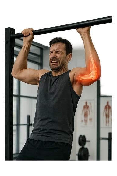 a man in gym attire is performing a pull-up on a bar when his face suddenly contorts in pain. His elbow is highlighted with a bright red glow, and a semi-transparent overlay reveals a visible tear or injury in the joint structures (such as ligaments or tendons). The background is a modern gym, with anatomical posters and equipment. sticker