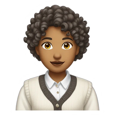 curly hair indian girl wearing a collared long sleeve white shirt under a white sweatervest sticker