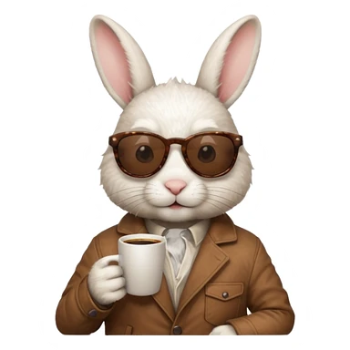 White rabbit, wearing brown jacket, sunglasses, holding coffee mug sticker