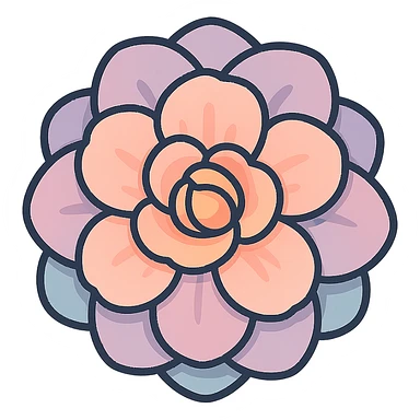 volumetric peach flower with multiple layers of petals, strictly front view, icon-color-outlined style, detailed shadows and highlights, smooth color transitions, thin clean contours, soft rounded shapes, pastel palette #98B5BC, #B5B3C1, #C9A3C9, #E4C0CA, #F7DCD1, #F7C0AA, modern Japanese pop art and sticker aesthetics, soft lighting, transparent background sticker