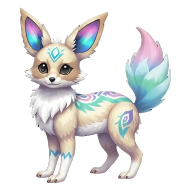 Rare iridescent white exotic epic aesthetic colorful Trico-Eevee-Genet-species-Fakemon-hybrid-creature, with intricate tattoo markings, full body sticker