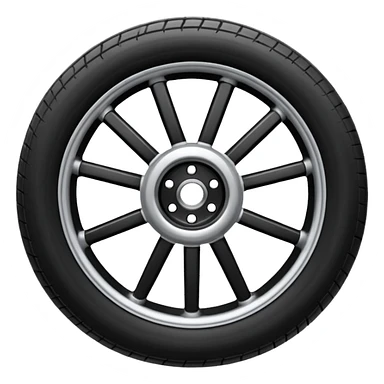 Front-view realistic wheel, perfectly symmetrical, short evenly spaced spokes, thick wide outer rubber rim, heavy solid look, clean design, centered. sticker
