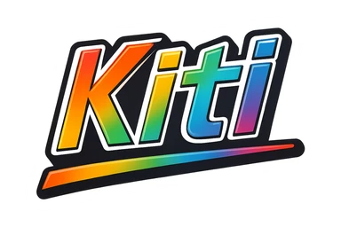 The name 'Kitti' in modern, precise Hungarian letters with a rainbow gradient fill, extra thick white letter outline, dark contour, transparent background, dynamic slanted underline, in the style of the reference samples. sticker