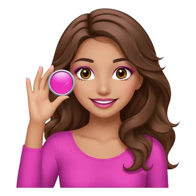 girl with long wavy brown hair, brown eyes, long lashes makeup, sexy pink lips, light to medium complexion, pink sexy top, smiling, hand covering eyes sticker
