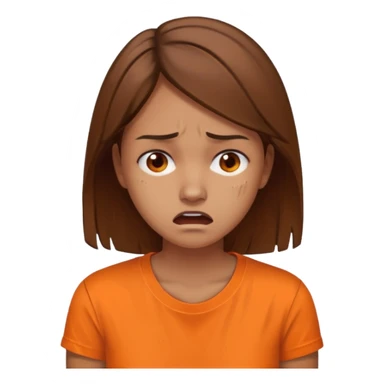 25 year old woman in orange shirt, she looks like she is in pain. She has brown hair sticker