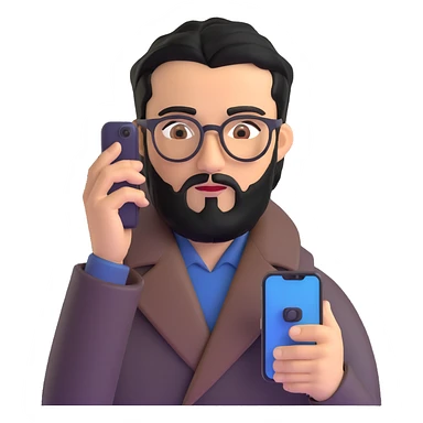 professional man with medium black beard, black hair combed to one side, connected unibrow, olive tan skin, brown eyes, glasses, prominent nose, wearing black coat, intently looking at and interacting with smartphone screen, with subtle office background sticker