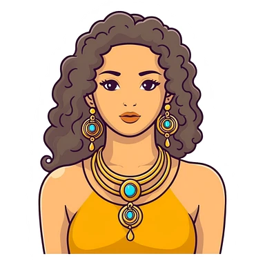 attractive Greek woman with long curly hair and light skin wearing gold Greek jewelry sticker