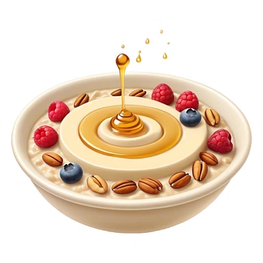 Cinematic creamy oatmeal, smooth texture with a swirl of honey on top, garnished with fresh berries and nuts, warm and comforting, cozy golden tones, rich and delicious. sticker