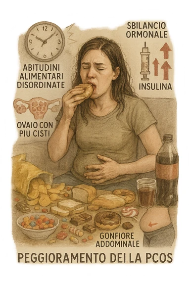 Donna tra i 25 e i 35 anni seduta sul divano o a un tavolo disordinato, circondata da cibi sparsi e poco sani: patatine, dolci, pane bianco, snack confezionati, bibite. Mangiando di fretta, ha un’espressione stanca e frustrata. Intorno a lei, in trasparenza o come illustrazione simbolica, si vedono gli effetti della PCOS peggiorata: ovaie con cisti multiple, squilibrio ormonale (↑ insulina, ↑ androgeni), gonfiore addominale. Sullo sfondo, orologio che corre o caos visivo che comunica disorganizzazione alimentare. Colori spenti e atmosfera stanca. Stile realistico con elementi simbolici e informativi. in italiano sticker