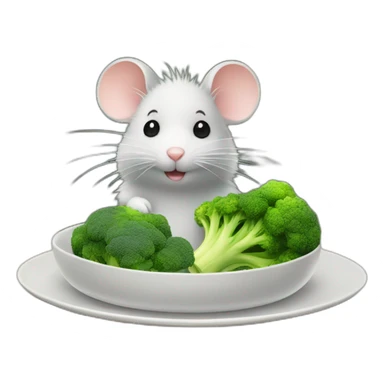 cute fluffy mouse beside an plate with broccoli sticker