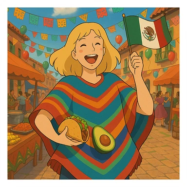 cartoon of a tall blonde woman in a colorful poncho, smiling, holding a taco and avocado, waving a Mexico flag, dancing in a festive street party background with food and decorations sticker
