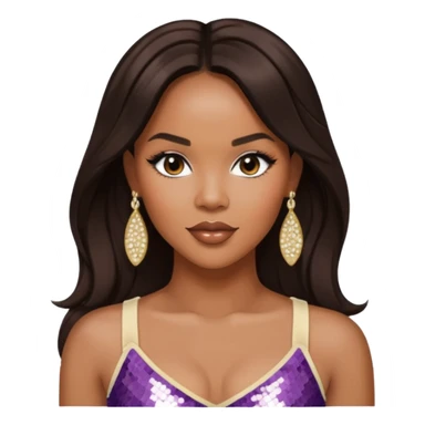 LeToya Luckett with long dark brown hair, ivory sequin crop top, ivory earring sticker