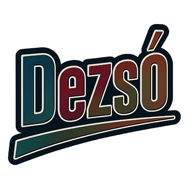 Dezső name in masculine, modern gradient font with dark contour, thin and clearly visible white border around letters, dynamic slanted underline, masculine shades of blue, gray, burgundy, green, brown, 1000x1000 px, PNG, transparent background, in the style of the uploaded Attila sample, with a long ő letter sticker