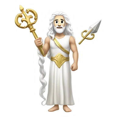 white Poseidon with gold Trident. long white hair white dress. with keys sticker