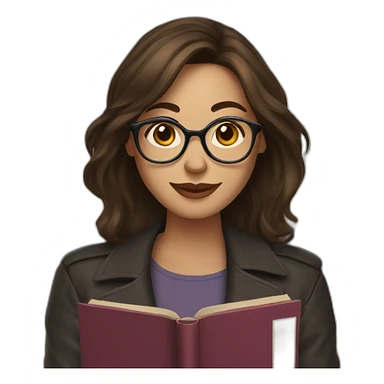 woman with glasses and medium length brunette hair halding a book sticker
