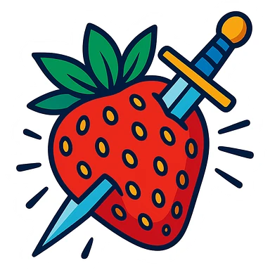 a strawberry with a sword piercing through it, bold and dynamic, playful, colorful, vibrant toon style sticker