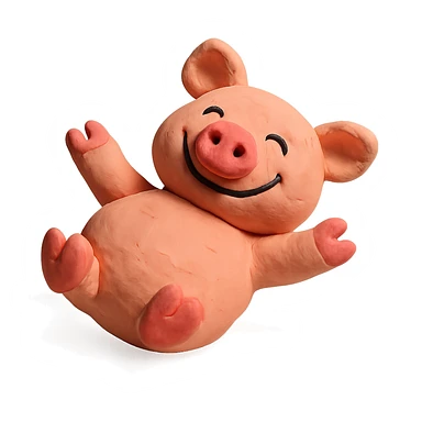 pig lying on its back, smiling, soft lighting, vibrant colors, claymation style sticker