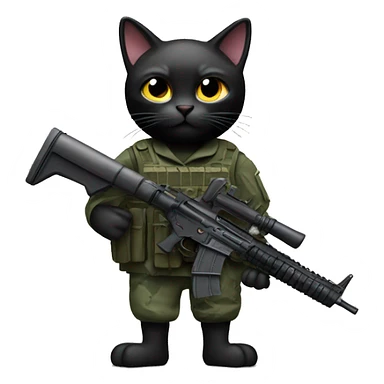Black cat wearing army fatigues wielding a machine gun sticker