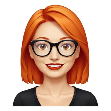 nữ 40 tuổi, da trắng,môi đỏ thẫm, tóc búi gọn gàng màu cam, đeo kính đen, mặt cười tươi, hơi có nếp nhăn, áo đen sticker