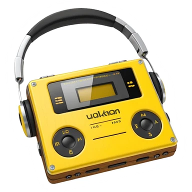 3D render of Walkman, vintage 1980s audio equipment aesthetic, tactile analog buttons, bright sports yellow plastic case with black foam headphones, mixed wood grain and brushed aluminum textures, Apple emoji style, isolated on white background --v 6.0 sticker