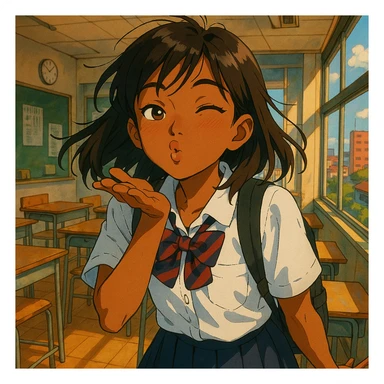 Japanese brown-skinned high school girl in a Tokyo school uniform, giving a mischievous kiss, inspired by romantic anime set in a Tokyo high school, expressive and playful pose, vibrant colors, detailed background with hints of a Japanese classroom or cityscape sticker