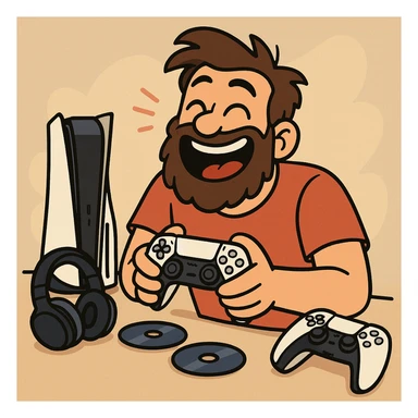cartoon style bearded man playing PlayStation 5, laughing, gamepad in hands, surrounded by gaming accessories sticker