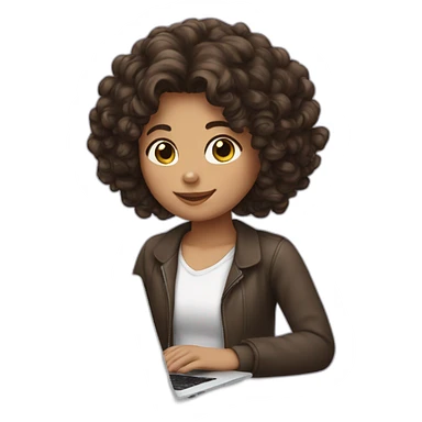 girl with curly dark brown hair with laptop and white hearts back sticker