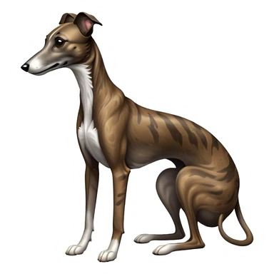 cinematic-[brindle greyhound]-realistic-full-body-sitting-emoji,-tail-resting-loosely-beside-its-paws,-head-tilted-dramatically, -sleek-[dark brindle]-fur,-simplified-yet-realistic-focused-features,-highly-detailed,-glowing-with-an-almost-sarcastic-glow sticker