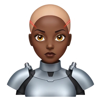 bald black woman with a laser shield and mad sticker