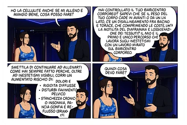 TRASFORMA QUESTO CAROSELLO IN UN FUMETTO CON QUESTE DUE PERSONE IDENTICHE CHE INTERLOQUISCONO TRA LORO:

Ho la cellulite anche se mi alleno e mangio bene, cosa posso fare?

Hai controllato il tuo baricentro corporeo?
Sapevi che se il peso del tuo corpo cade in avanti o da un lato, c’è un disallineamento fra bacino e torace, che comprimendo le coste, limita la motilità del diaframma e l’ossigenazione dei tessuti?
Il mio è il primo e unico percorso che lavora sugli inestetismi con un lavoro mirato sul baricentro corporeo.

Smettila di continuare ad allenarti come hai sempre fatto perché, oltre ad inestetismi visibili, corri un aumentato rischio di:
    • dolori e rigidità diffuse
    • disturbi pavimento pelvico
    • stanchezza cronica o insonnia
    • pancia gonfia e reflusso (bruciore)
    • etc…


Quindi cosa devo fare?
Commenta, qua sotto, con “simmetria” e ti mando un esempio del lavoro da fare. Lo stesso sistema con cui ho aiutato migliaia di persone, fra cui centinaia di donne a risolvere definitivamente gli inestetismi.
Metterei il prima e dopo

Se vuoi che ti aiuti personalmente
SCRIVIMI IN DIRECT sticker
