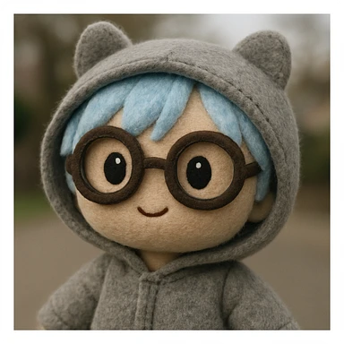 Transform the character from the first image into a simple, rounded face with dot eyes and a minimal mouth, wearing a gray animal onesie with a hood. Keep the blue hair and glasses but adapt them to match a soft, cute, minimal plush portrait style. sticker