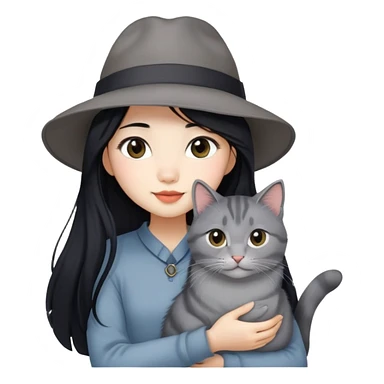An Asian girl with long black hair, a hat, and a long gray Maine cat in her arms sticker