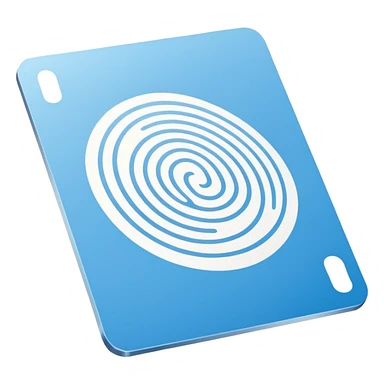 Minimalist blue Telegram channel icon of a card back. The card is face down, slightly tilted. A single, elegant fingerprint spiral is centered on the card back, symbolizing identity and unique associations. Monochromatic blue and white. Clean, flat design. sticker