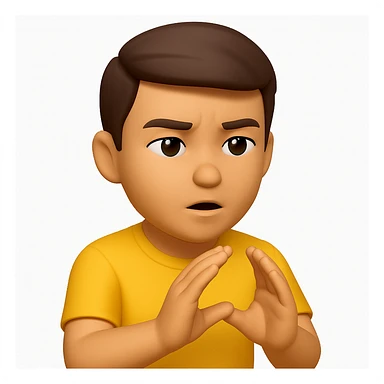 A 3D emoji in iOS emoji aesthetic style of a cartoon person holding both hands close together in front of their body, palms facing each other to show a narrow space or small distance, with a focused or explaining expression, glossy Apple-style rendering, clean white background sticker
