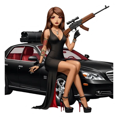 Lilith tan skin female red eyes symbol. Tattoo arms. Her hair is brown straight long hair.wearing sexy long sexy Chanel dress with slit. black stiletto thick platform high heels shoes on. Sitting on giant luxury car with cash inside . She is holding a sniper rifle in one hand cash in other hand sticker