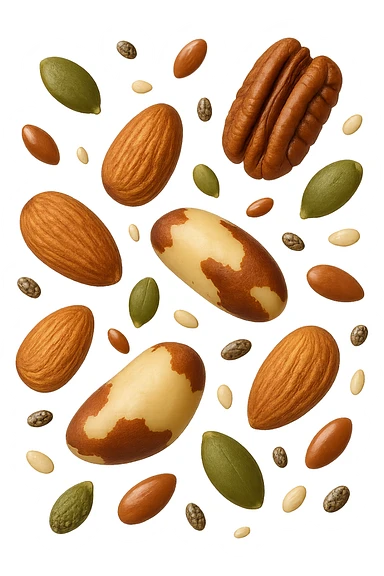 emoji stile iphone 3d di questi elementi che fluttuano in aria:

Semi di chia, lino, zucca, sesamo
Mandorle, noci pecan, noci brasiliane (porzioni limitate)

 che fluttuano sparse casualmente in aria, iperealistico 4k sticker