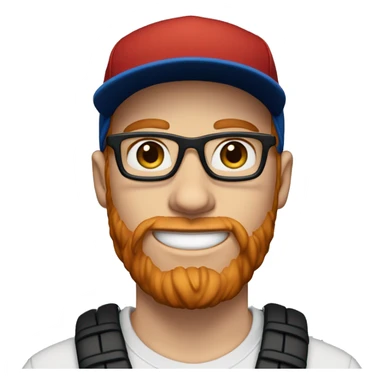 30 year old male male with red hair, glasses, black baseball hat, blue eyes, pale complexion, and a beard sticker
