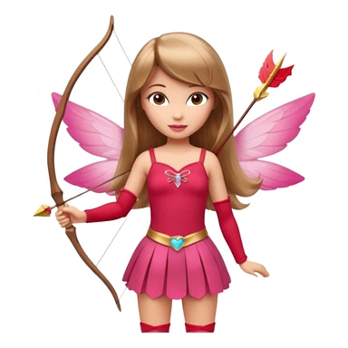 Hada sexy cupido pequeña  de cabello largo lacio castaño claro con flequillo y ojos cafés  vestida de top y falda roja y con arco y flechas cabello lacio labios rosas tipo Barbie pero en hada cupido sticker